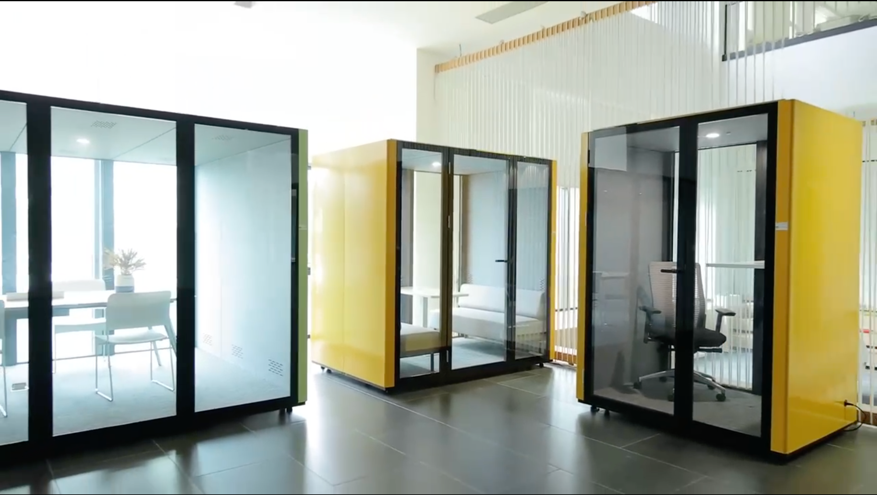 Three Paxton Workpods in a showroom Small-Wide, Medium and Large