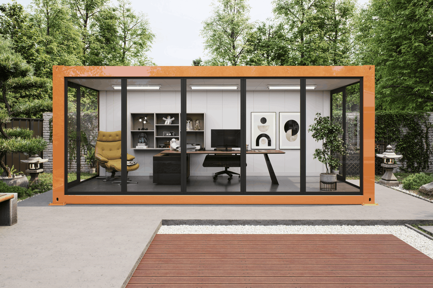 A modern modular office cabin with a bright orange frame and black glass walls, showcasing a furnished interior with a desk, chair, and shelving, set in a landscaped garden courtyard.