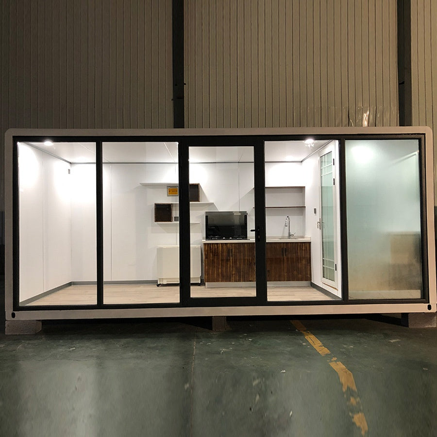 Outdoor white work pod with black trim glass panels and frosted with downlights 16sqm example