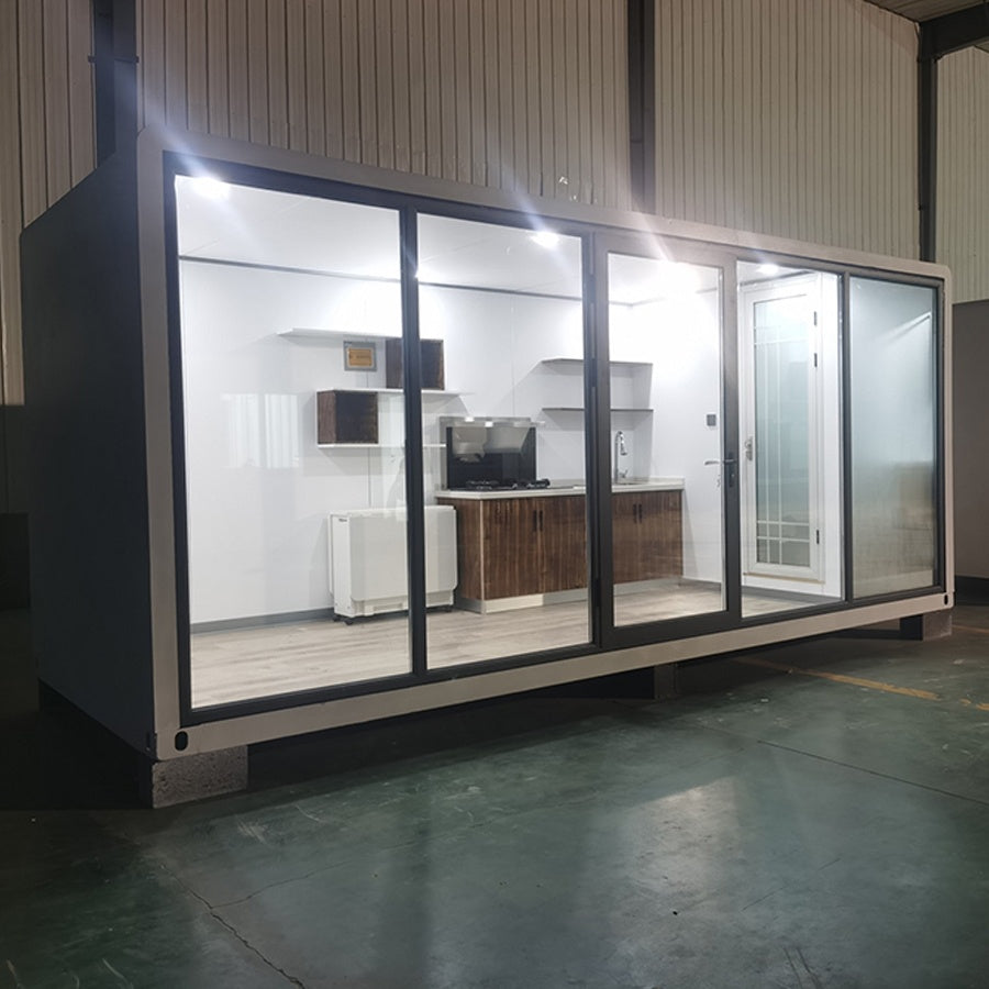 Outdoor workpod white with black trim glass panels down lights 16sqm angle example
