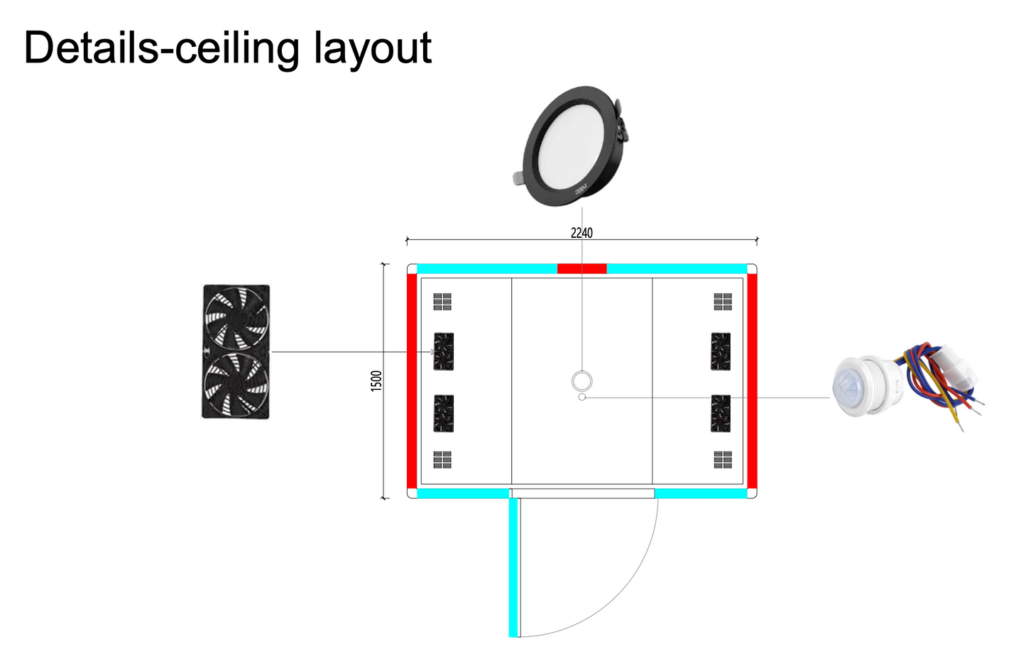 Paxton Large ceiling layout diagram with measurements and fixtures on a white background
