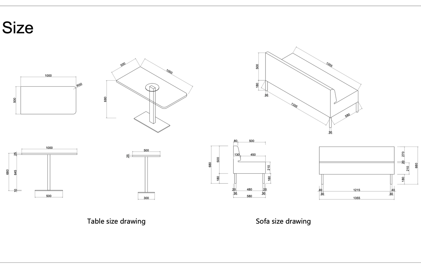 Paxton Large technical drawings of a table and sofa with dimensions on a white background