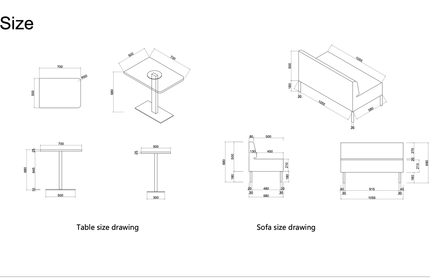 Paxton Medium technical drawings of table and sofa dimensions on a white background
