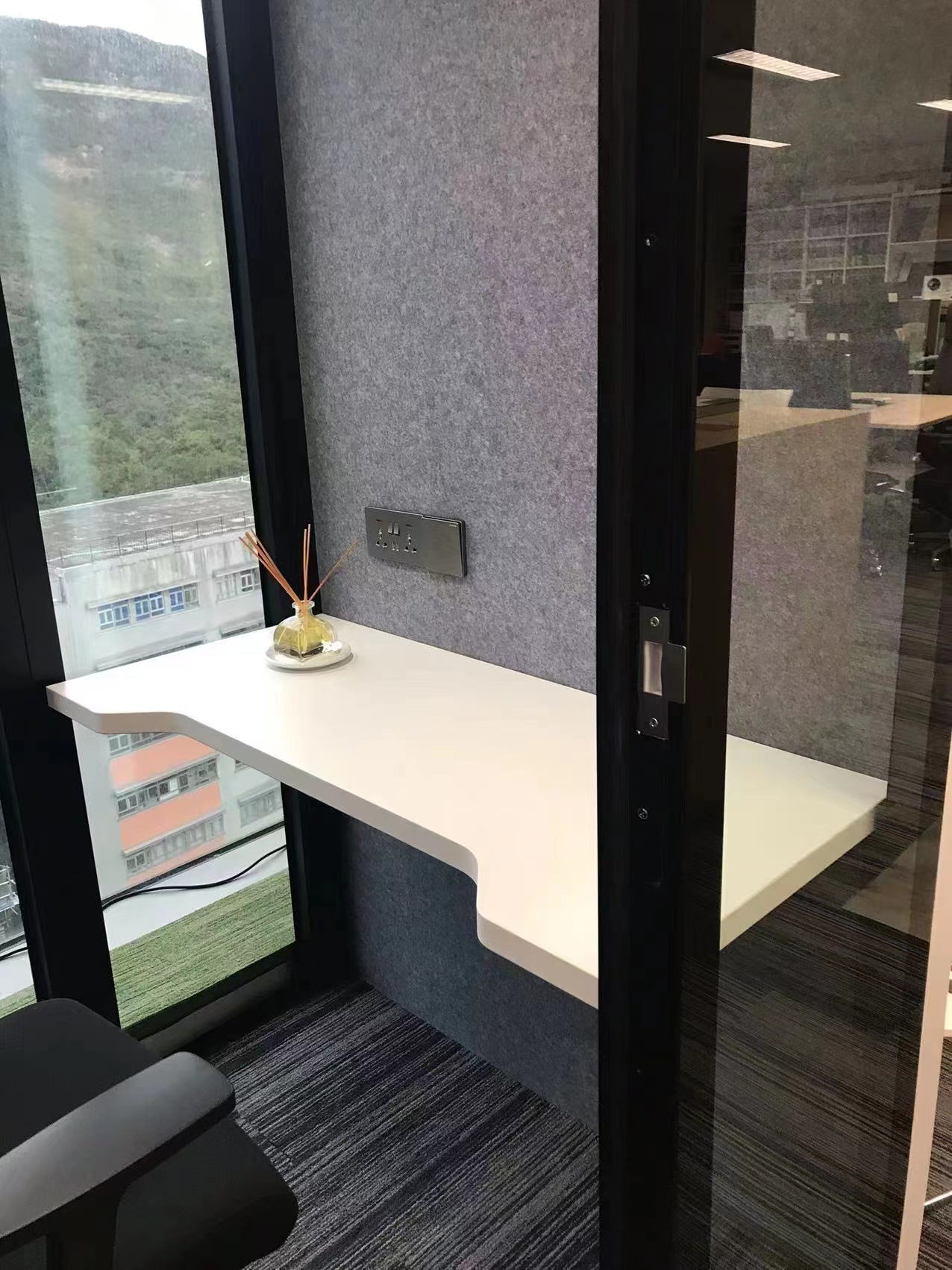 inside view of office work pod desk