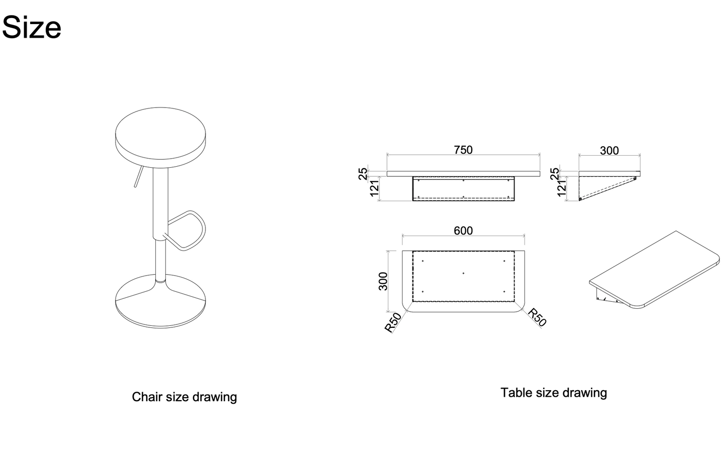 Paxton Small technical drawings of a chair and table with dimensions on a white background