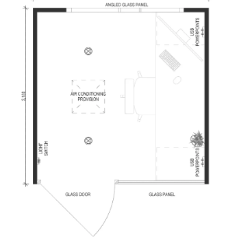 Technical drawing of a room layout with labeled components