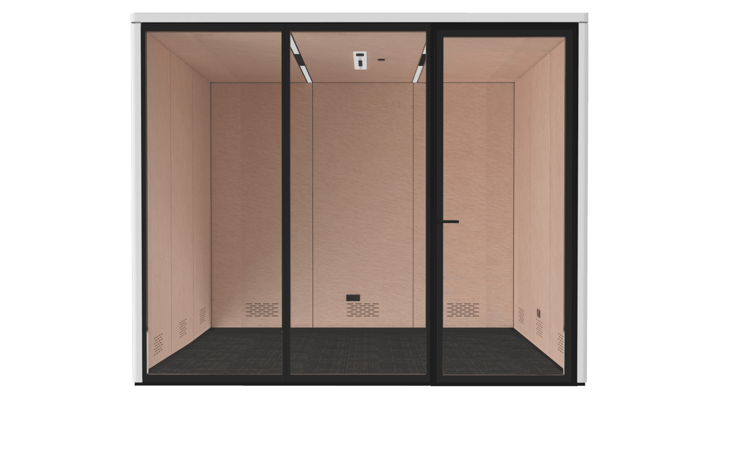 Modern office pod with glass wall and solid interior on a black background