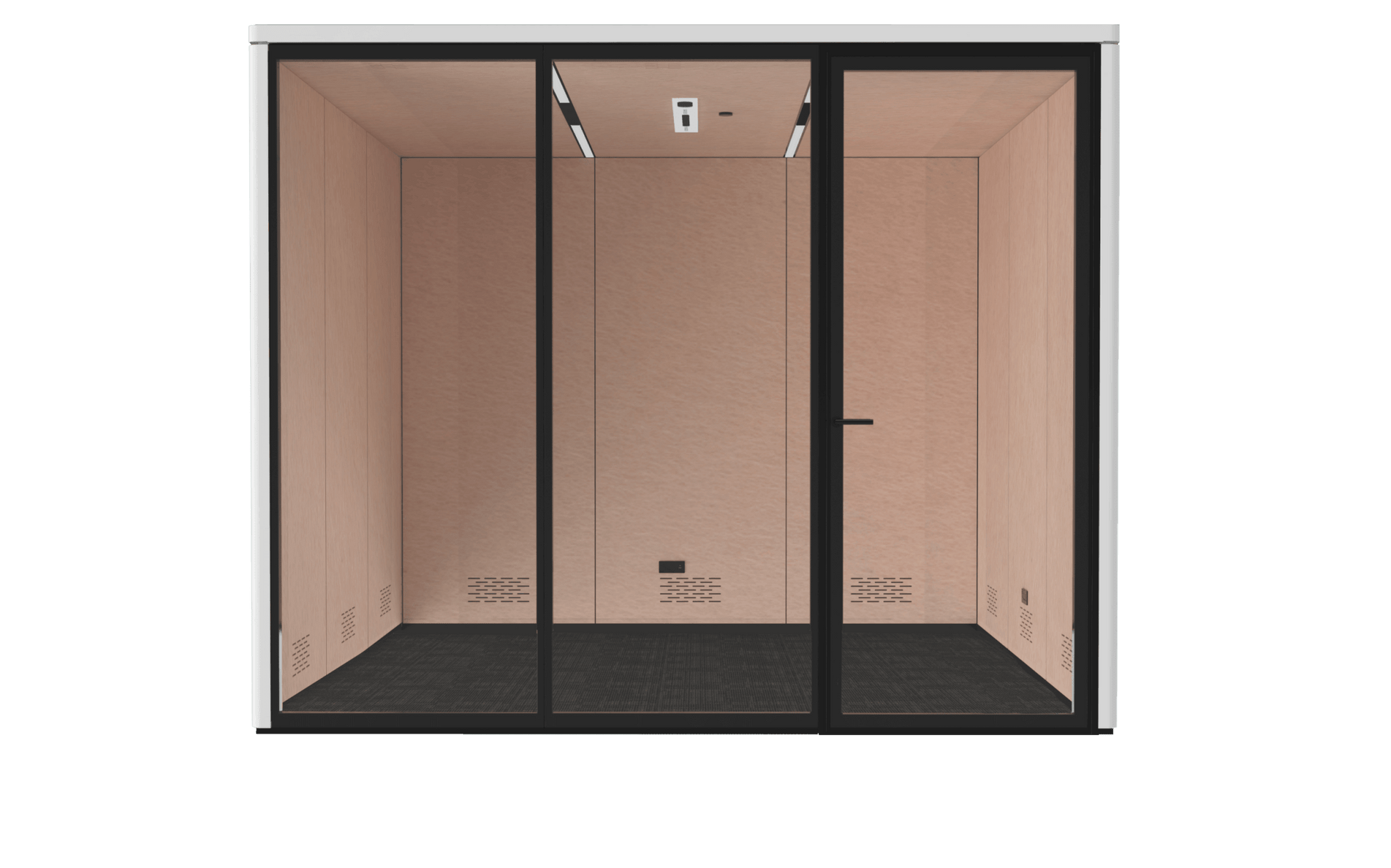 Modern office pod with glass wall and solid interior on a black background