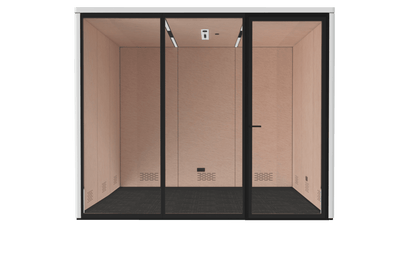 Modern office pod with glass wall and solid interior on a black background