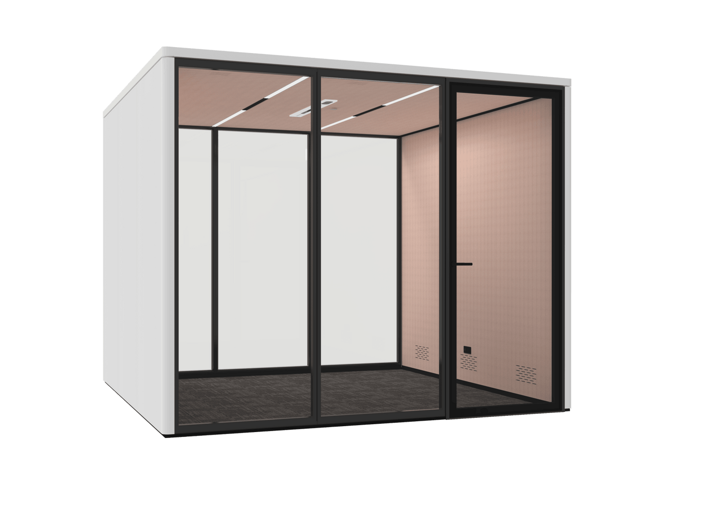 Modern office pod with glass walls on a black background