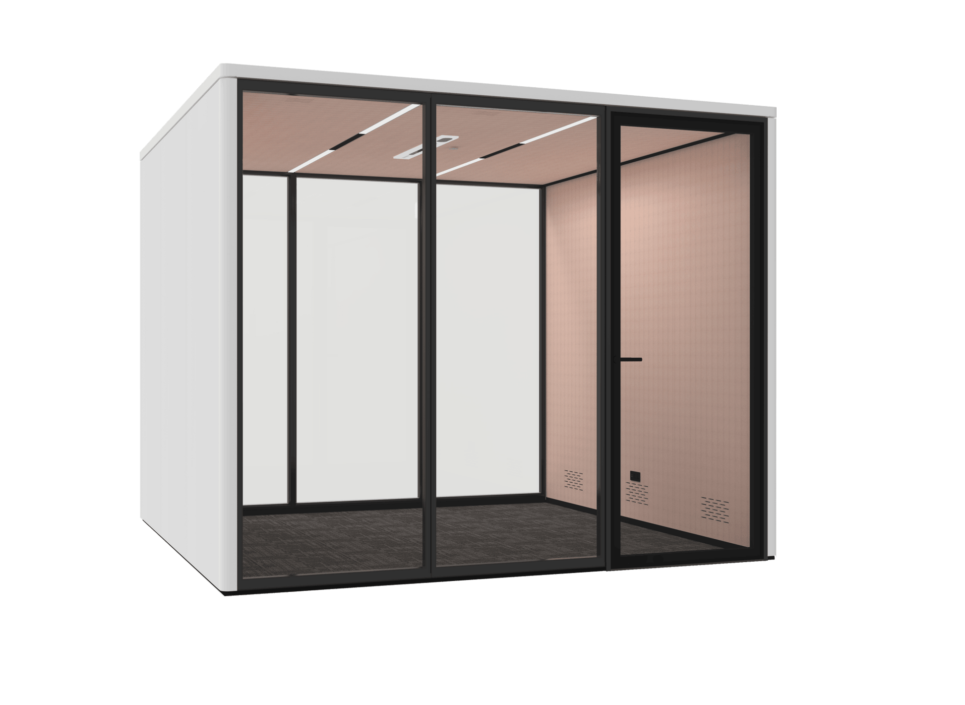 Modern office pod with glass walls on a black background