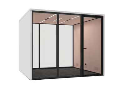 Modern office pod with glass walls on a black background
