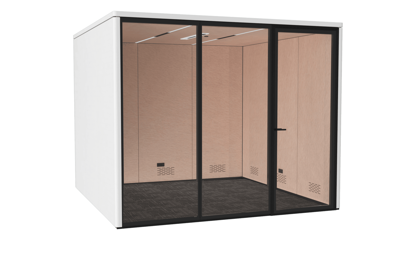 Modular office pod with glass wall 3 solid sides on a black background