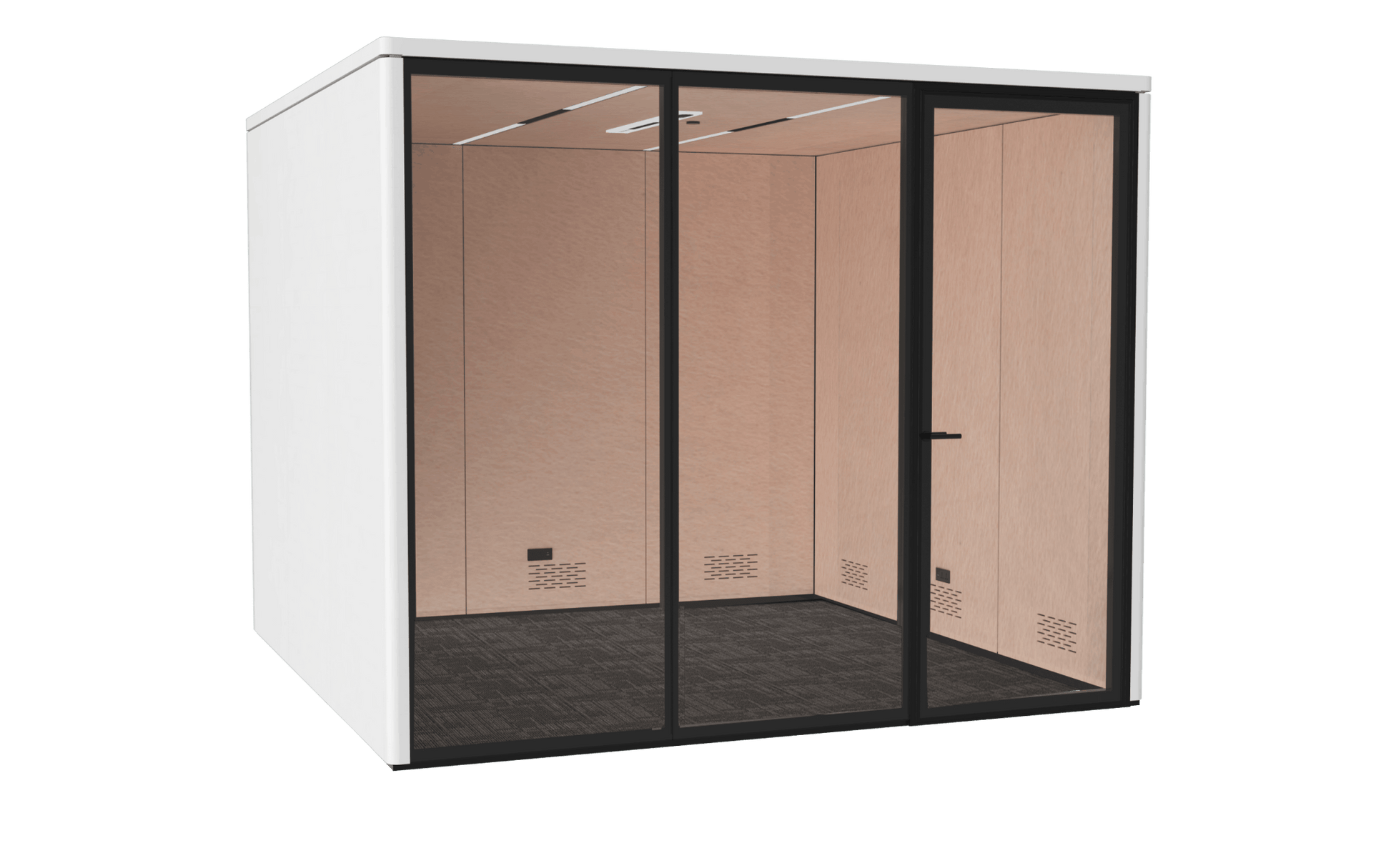 Modular office pod with glass wall 3 solid sides on a black background