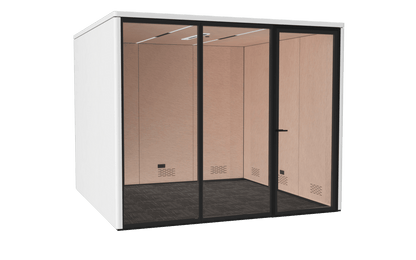 Modular office pod with glass wall 3 solid sides on a black background