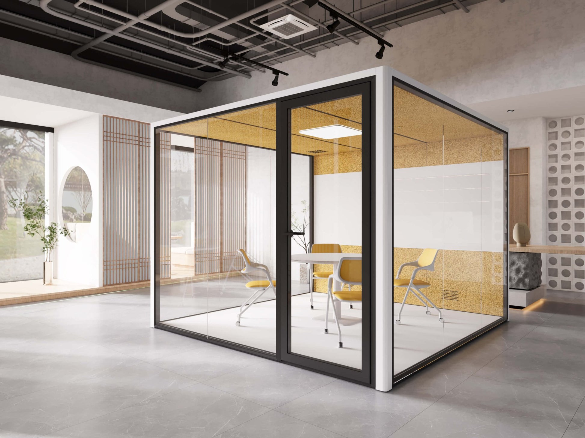 glass walled free standing modern meeting room in open plan office