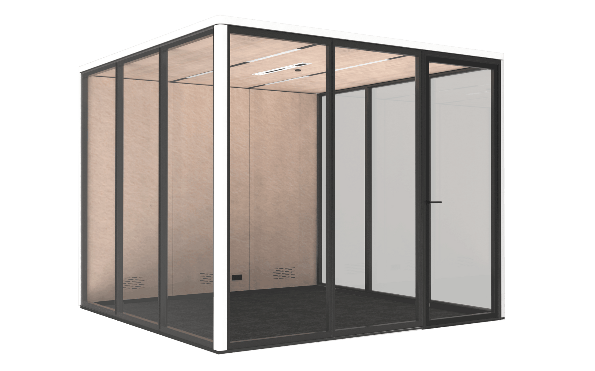 Glass office pod with transparent walls on a black background