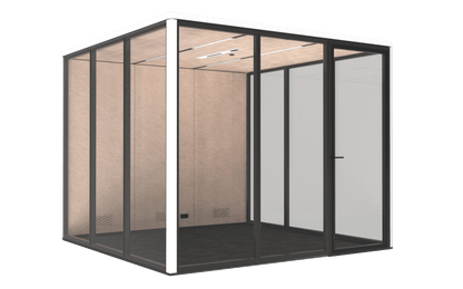 Glass office pod with transparent walls on a black background