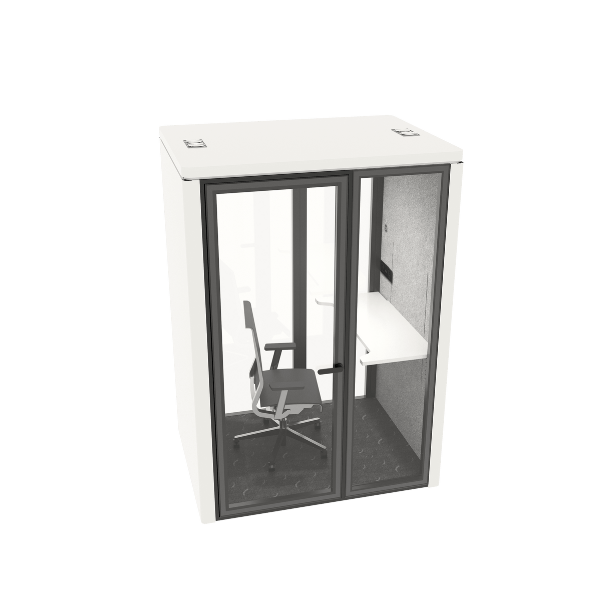 A modern office privacy booth with a white exterior, dark gray frame, and glass doors, featuring an interior desk, chair, and gray acoustic wall.