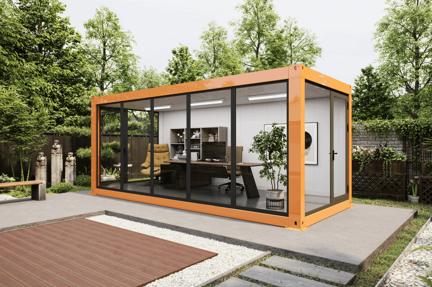 A modern modular office pod with a bright orange-brown frame and large glass windows, situated on a concrete patio in a landscaped garden setting.